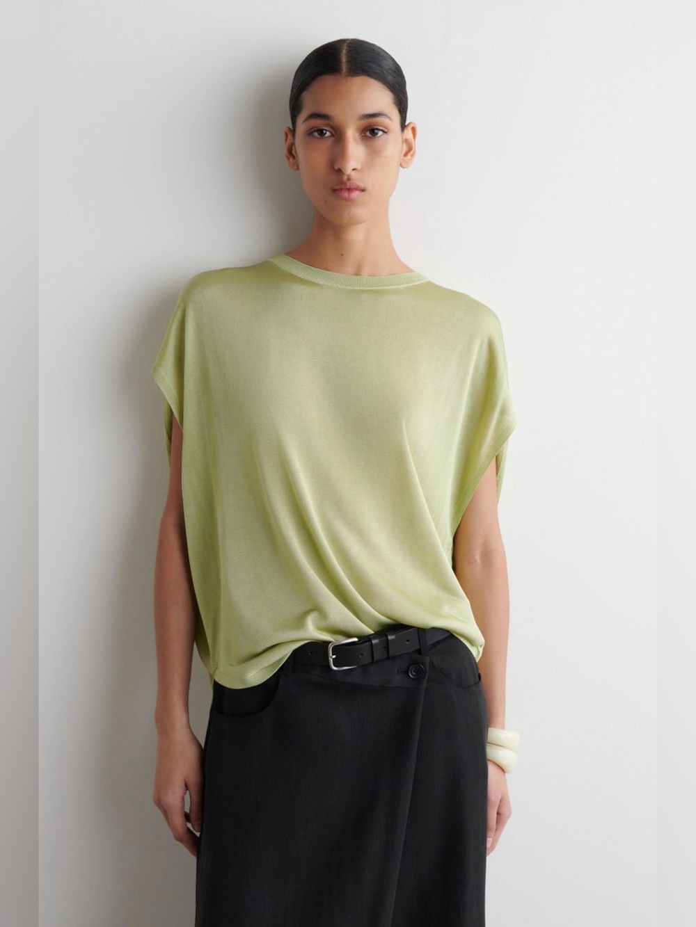 COS Lime Green Knitted Circle-Cut T-Shirt Size Large